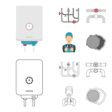 Kazan, tesisatçı, ventile ve borular. Sıhhi tesisat toplama simgeler çizgi film, anahat stili vektör simge stok çizim web ayarla..