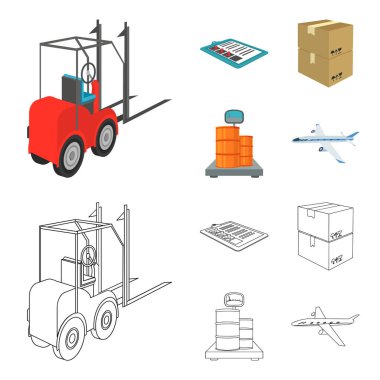 Forklift, teslimat makbuzları, paketlenmiş ürünler, Terazi tartı üzerinde kargo. Lojistik ve teslim çizgi film, anahat stili izometrik vektör simge stok çizim web simgeler ayarla.