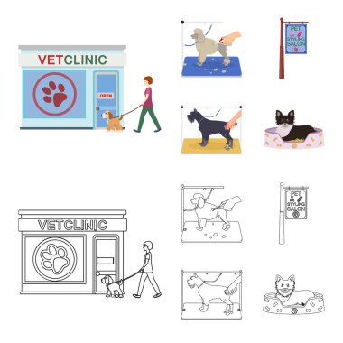 Bir Veteriner Kliniği, şık bir salon a evde beslenen hayvan köpek bir saç kesimi için bir tabela ziyaret. Köpek bakım Veteriner Kliniği ve evde beslenen hayvan, çizgi film, anahat stili vektör simge stok çizim web simgeler ayarla.