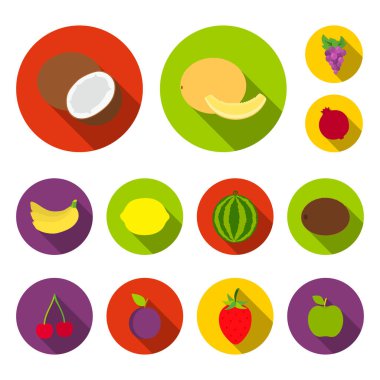 Farklı meyve set koleksiyonu tasarım için simgeleri düz. Meyve ve vitaminler sembol stok web illüstrasyon vektör.