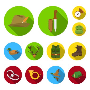 Düz set koleksiyonu tasarım için simgeleri Avcılık ve kupa. Avcılık ve ekipman sembol stok web illüstrasyon vektör.