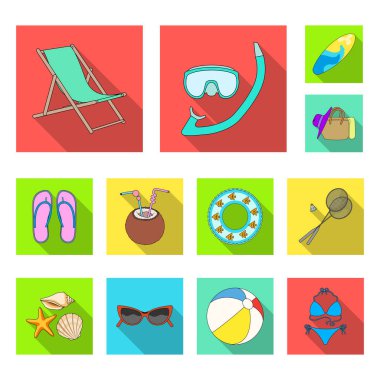 Yaz dinlenme set koleksiyonu tasarım için düz simgeler. Beach Aksesuar vektör simge stok web çizimi.