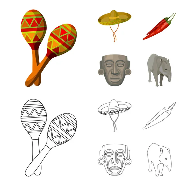 Maracas nationale muziekinstrument sambrero traditionele Mexicaanse hoofdtooi, rode peper, bitter, idool-godheid. Mexico land instellen collectie iconen in de tekenfilm, overzicht stijl vector symbool voorraad — Stockvector