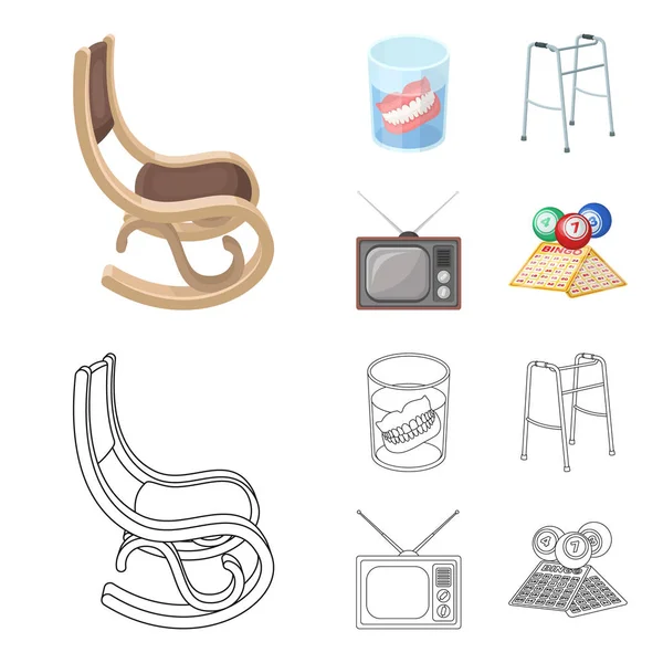 Fogsor, ringató szék, walker, a régi Tv.Old kor készlet ikonok gyűjtemény rajzfilm, vázlat stílusú vektor szimbólum stock illusztráció web. — Stock Vector