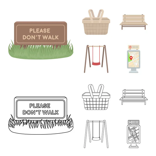 Gramado com um sinal, um cesto com comida, um banco, um baloiço. Parque conjunto coleção ícones em desenhos animados, esboço estilo vetor símbolo estoque ilustração web . —  Vetores de Stock
