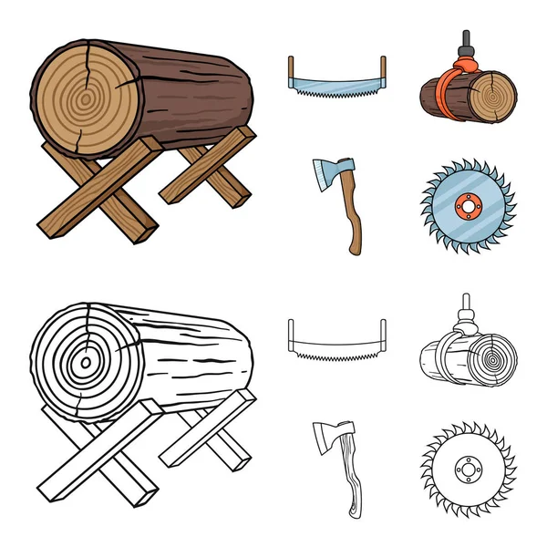 登录支持, 双手锯, 斧头, 提高日志。锯木厂和木材集合图标在卡通, 轮廓风格矢量符号股票插画网站. — 图库矢量图片