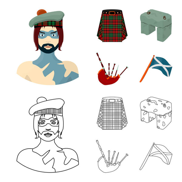 Highlander, Scottish Viking, tartan, kilt, scottish skirt, scone stone, national musical instrument of bagpipes. Scotland set collection icons in cartoon,outline style vector symbol stock illustration