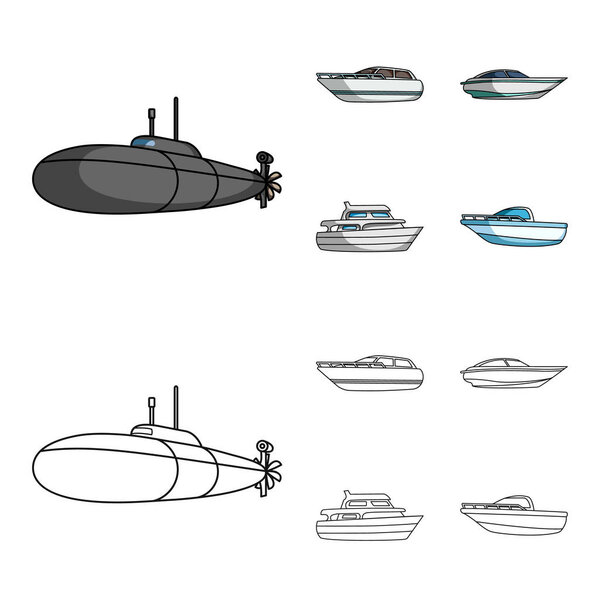 A military submarine, a speedboat, a pleasure boat and a spirit boat.Ships and water transport set collection icons in cartoon,outline style vector symbol stock illustration web.