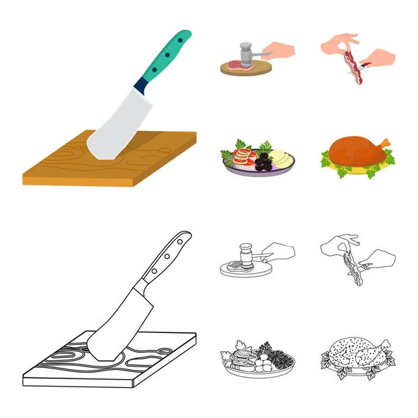 Besteck auf einem Schneidebrett, Hammer für Koteletts, Speck kochen, Fisch und Gemüse essen. Essen und Kochen Set Sammlung Symbole in Cartoon, umreißen Stil Vektor Symbol Stock Illustration Web. — Stockvektor