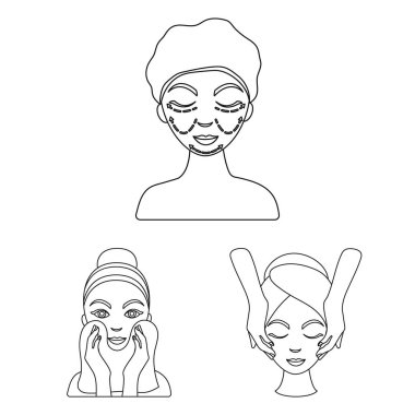 Set koleksiyonu tasarım için cilt bakım anahat simgeleri. Yüz ve vücut sembol stok web illüstrasyon vektör.
