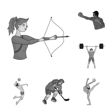 Set koleksiyonu tasarım için spor tek renkli simgeler farklı türde. Atlet, yarışmalar sembol stok web illüstrasyon vektör.