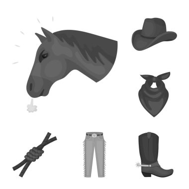 Rodeo, rekabet tek renkli simgeler toplama tasarımı için ayarlayın. Kovboy ve ekipman sembol stok web illüstrasyon vektör.
