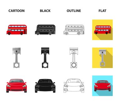 Araç Asansörü, piston ve pompa çizgi film, siyah, anahat, set koleksiyonu tasarım için düz simgeler. Araba bakım istasyonu vektör simge stok çizim web.