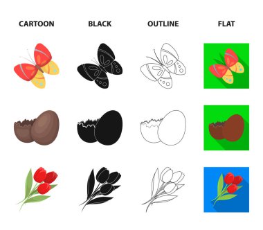 Çikolata yumurta, çan, sepet ve çiçekler. Paskalya koleksiyonu Icons set çizgi film, siyah, anahat, düz stil vektör simge stok çizim web.