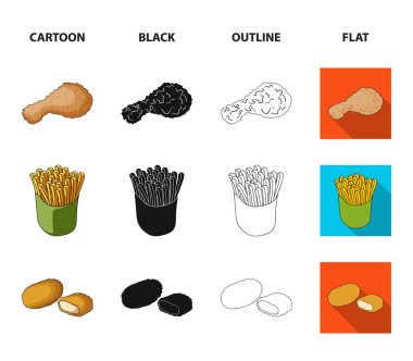 Gıda, içecekler, aperatifler ve çizgi film, siyah, anahat, diğer web simge stil düz. Ambalaj, kağıt, patates simgeler kümesi koleksiyonu.