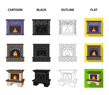 Yangın, sıcaklık ve konfor. Şömine koleksiyonu Icons set çizgi film, siyah, anahat, düz stil vektör simge stok çizim web.