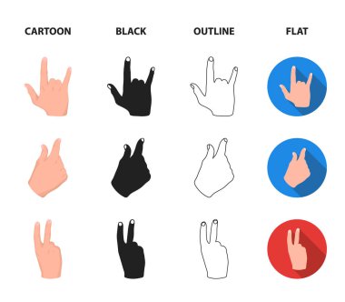 Açık yumruk, zafer, cimri. El hareketi koleksiyonu Icons set çizgi film, siyah, anahat, düz stil vektör simge stok çizim web.