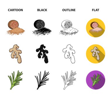 Ginger, biberiye, vanilya, nane. Otlar ve baharatlar koleksiyonu Icons set çizgi film, siyah, anahat, düz stil vektör simge stok çizim web.