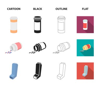 Tablet, ilaç, kan, sprey ile konteyner. Tıp koleksiyonu Icons set çizgi film, siyah, anahat, düz stil vektör simge stok çizim web.