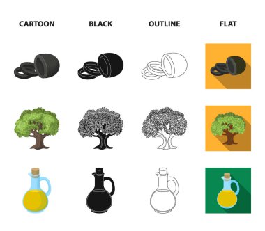 Bir zeytin ağacı, zeytin dalı, bir gemi ve petrol bir sürahi. Zeytin toplama Icons set çizgi film, siyah, anahat, düz stil vektör simge stok çizim web.