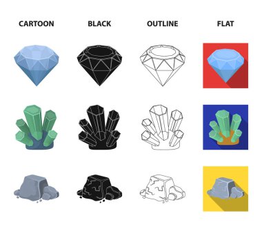 Kristaller, demir cevheri. Değerli mineraller ve bir kuyumcu koleksiyonu Icons set çizgi film, siyah, anahat, düz stil vektör simge stok çizim web.