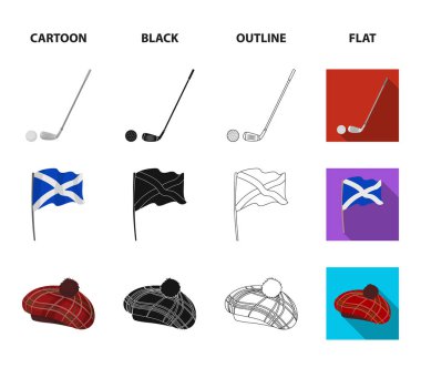 Bayrak, İskoç eteği, yağışlı hava, cap. İskoçya ülke koleksiyonu Icons set çizgi film, siyah, anahat, düz stil vektör simge stok çizim web.
