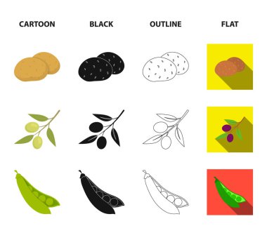 Zeytin dal, bezelye, soğan, patlıcan. Sebze toplama Icons set çizgi film, siyah, anahat, düz stil vektör simge stok çizim web.