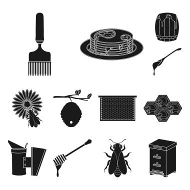 Arı kovanı ve arıcılık set koleksiyonu tasarım için simgeler siyah. Ekipman ve bal üretim sembol stok web illüstrasyon vektör.