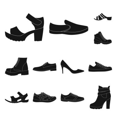 Farklı ayakkabı set koleksiyonu tasarım için simgeler siyah. Kadın ve erkek ayakkabı sembol stok web illüstrasyon vektör.