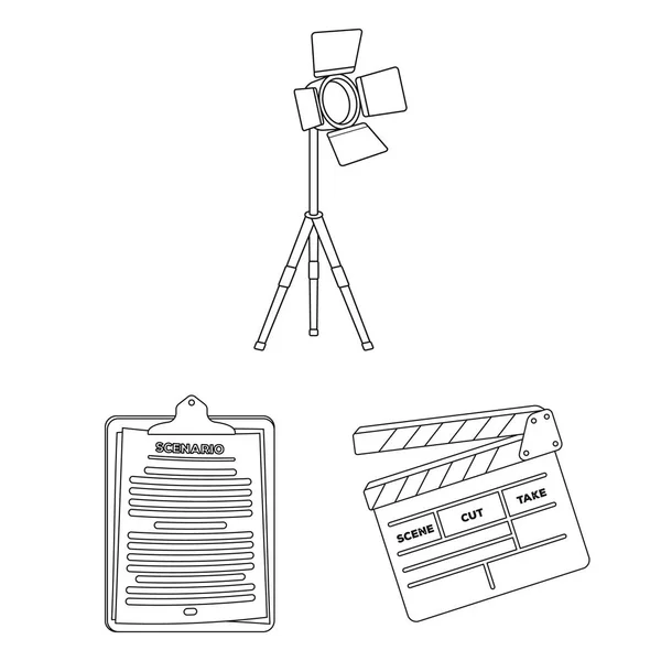 Machen einen Film umreißt Symbole in Set-Sammlung für das Design. Attribute und Ausstattung Vektor Symbol Stock Web Illustration. — Stockvektor