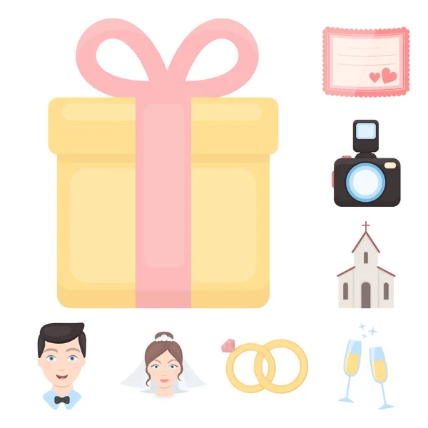 Iconos de dibujos animados de boda y atributos en la colección de conjuntos para design.Newlyweds y accesorios vector símbolo stock web illustration . — Vector de stock