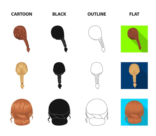 가벼운 브레이드, 물고기 꼬리 그리고 헤어스타일의 다른 종류. 다시 헤어스타일 만화, 블랙, 개요, 평면 스타일 벡터 기호 재고 일러스트 웹 컬렉션 아이콘을 설정. — 스톡 벡터