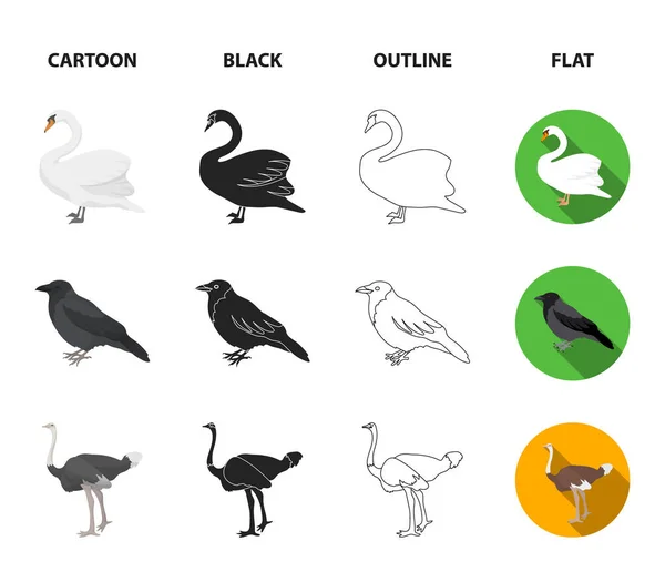 Crow, ostrich, chicken, peacock. Birds set collection icons in cartoon,black,outline,flat style vector symbol stock illustration web. — Stock Vector