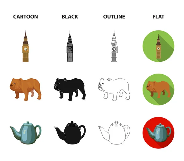 Razza cane, teiera, birraio. Inghilterra paese set raccolta icone in cartone animato, nero, contorno, stile piatto vettore simbolo stock illustrazione web . — Vettoriale Stock