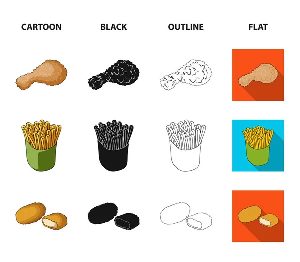 Mat och förfriskningar, snacks och andra web-ikonen i tecknad, svart, disposition, platt stil. Förpackningar, papper, potatis ikoner i set samling. — Stock vektor