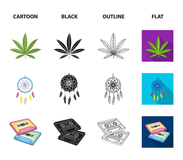 Amulet, hippie girl, freedom sign, old cassette.Hippy set collection icons in cartoon, black, outline, flat style vector symbol stock illustration web . — стоковый вектор