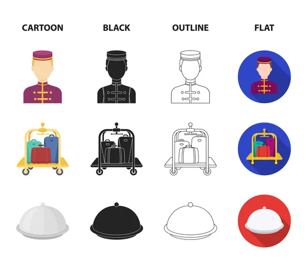 Тележка с багажом, сейф, бассейн, clutch.Hotel набор иконки коллекции в мультфильме, черный, контур, плоский стиль векторные символы фондового иллюстрации веб . — стоковый вектор