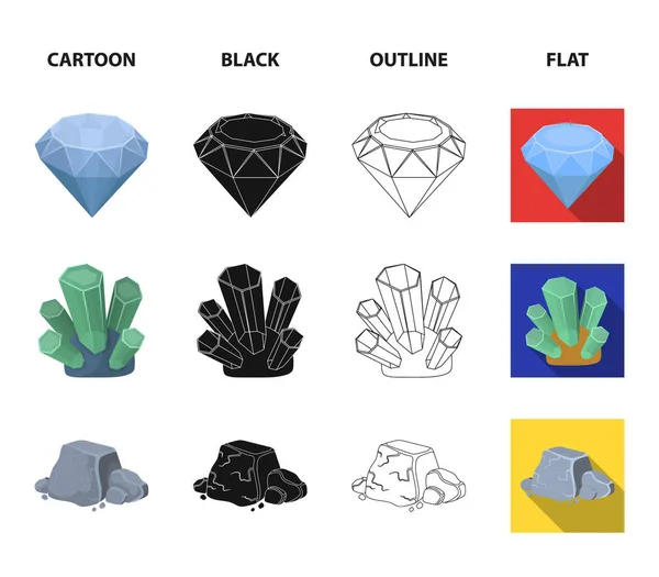水晶铁矿石珍贵矿物和珠宝首饰集图标在卡通, 黑色, 轮廓, 平面风格矢量符号股票插画网站. — 图库矢量图片