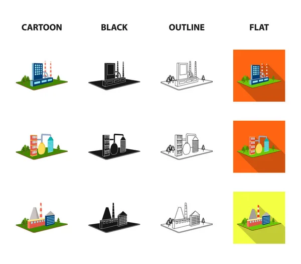 Fabriken, metallurgical växten. Fabriken och industrin som samling ikoner i tecknad, svart, disposition, platt stil isometrisk vektor symbol stock illustration web. — Stock vektor