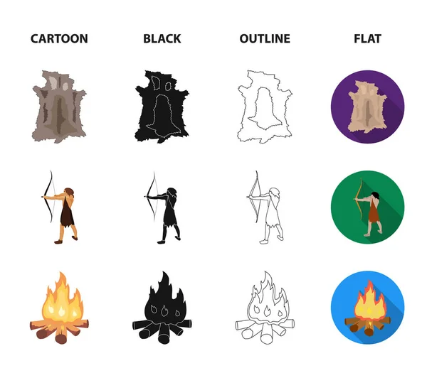 Man, hunter, onion, bonfire .Stone age set collection icons in cartoon, black, outline, flat style vector symbol stock illustration web . — стоковый вектор