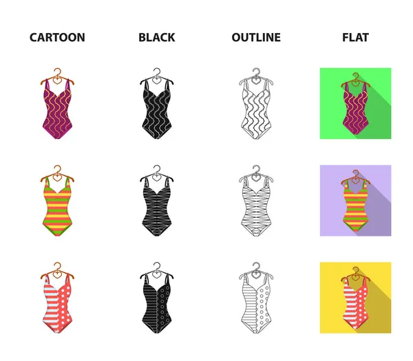 Diferentes tipos de trajes de baño. Trajes de baño conjunto de iconos de colección en dibujos animados, negro, contorno, estilo plano vector símbolo stock ilustración web . — Vector de stock