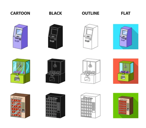 Una macchina da gioco, un terminale di vendita biglietti, un automa per la vendita di acqua e cioccolato. Terminali set icone di raccolta in cartone animato, nero, contorno, stile piatto isometrico vettore simbolo stock illustrazione web — Vettoriale Stock