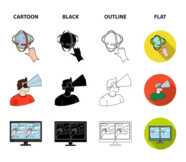 Mão, monitor, fones de ouvido, mulher. Ícones de coleção de conjuntos de realidade virtual em desenhos animados, preto, contorno, estilo plano símbolo vetorial ilustração web . — Vetor de Stock