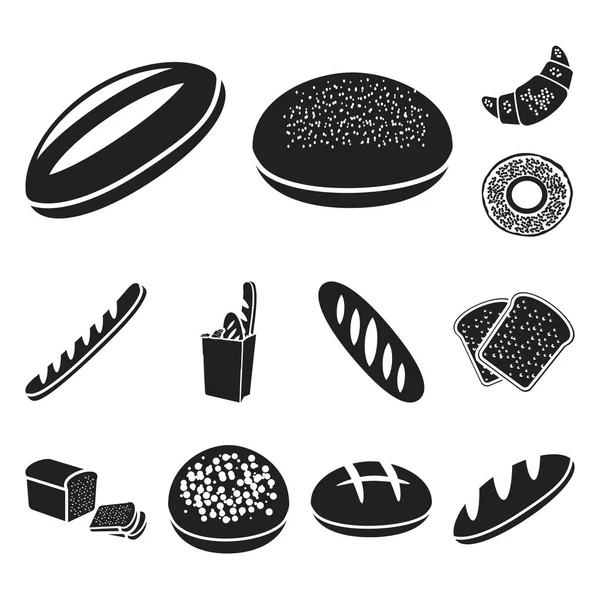 Tipos de ícones pretos de pão na coleção de jogo de desenho. Produtos de padaria símbolo vetorial ilustração web stock . — Vetor de Stock