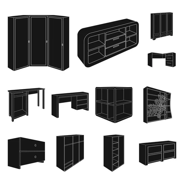 Sypialnia Meble Czarny Ikony Kolekcja Zestaw Projektowania Nowoczesne Meble Drewniane — Wektor stockowy