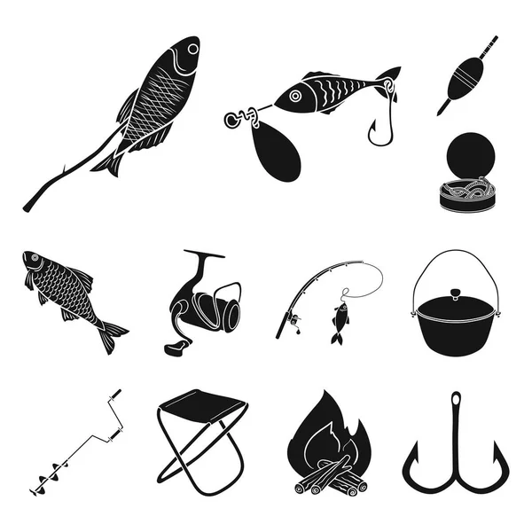 Angeln und Ruhe schwarze Ikonen in Set-Kollektion für Design. Gerät für Fischerei Vektor Symbol Lager Web-Illustration. — Stockvektor