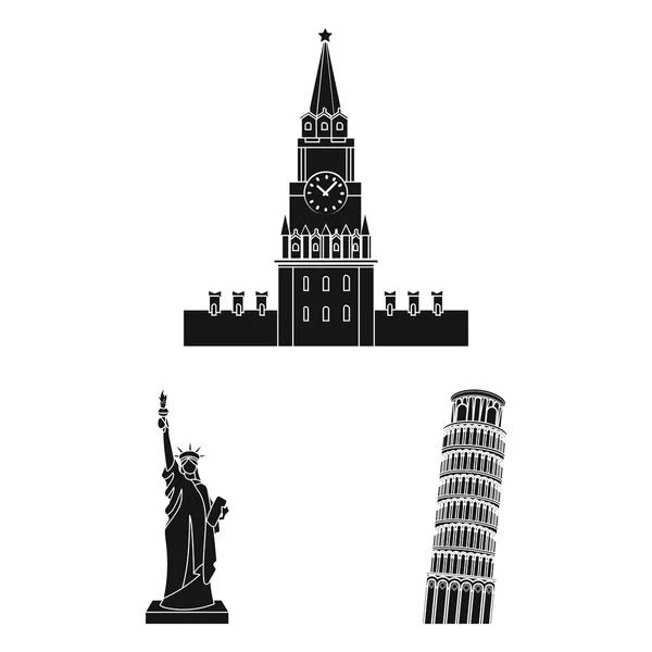 Bezienswaardigheden van verschillende landen zwarte pictogrammen in set collectie voor design. Beroemde gebouw symbool voorraad web illustratie vector. — Stockvector