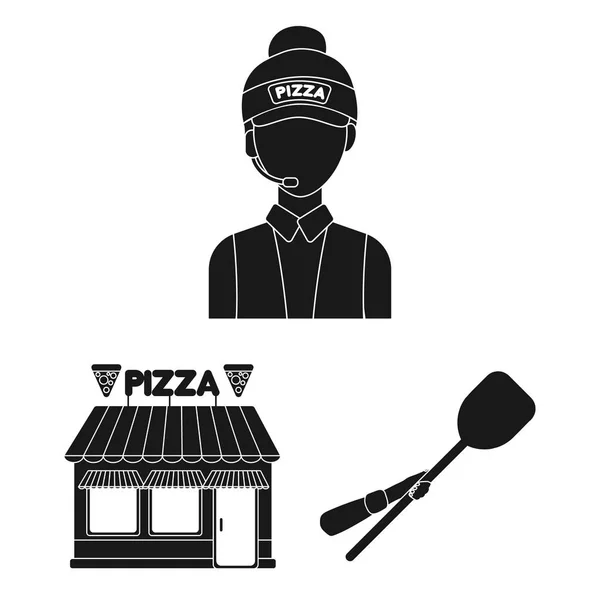 Pizza i pizzeria czarny ikony w kolekcja zestaw do projektowania. Personel i sprzęt symbol web czas ilustracja wektorowa. — Wektor stockowy