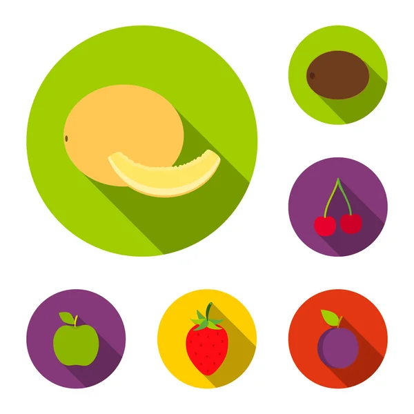 Diversi frutti icone piatte nella collezione set per il design. Frutta e vitamine vettore simbolo stock web illustrazione . — Vettoriale Stock