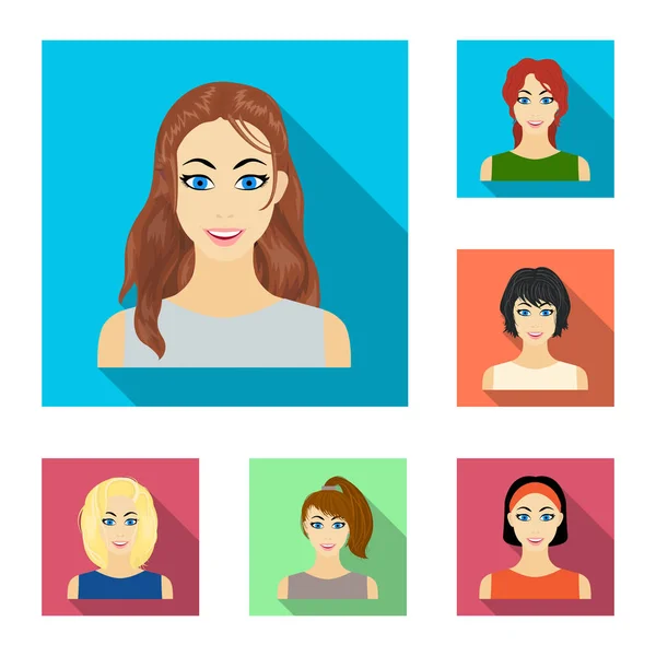 Types de coiffures féminines icônes plates dans la collection ensemble pour le design. Apparence d'une femme vecteur symbole stock web illustration . — Image vectorielle